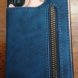 Stylish Blue Leather Phone Case with Zipper